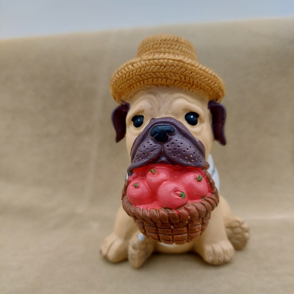 Pug Dog with Apples In Basket Resin Fall Autumn Decor Thanksgiving Decoration